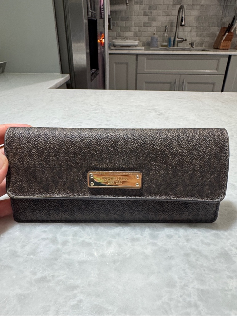 Michael Kors Dark Brown Signature Continental Wallet with Gold Plaque